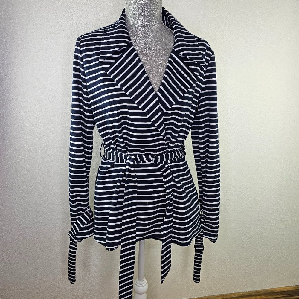 Seven7 Navy White Stripe Nautical Wrap Knit Blazer